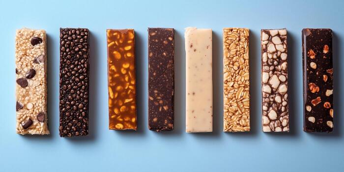 Protein bars in a row, showing consistency in size and shape, culinary photography photo
