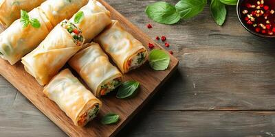 Spring rolls positioned in an orderly pattern on a flat serving board, food photography photo