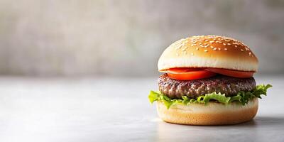 Small burger with patty and fillings, placed horizontally on a clean surface, food photography photo