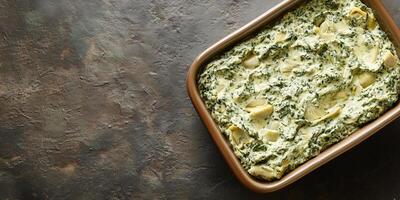 Spinach artichoke dip displayed in a rectangular container with even texture, food photography photo