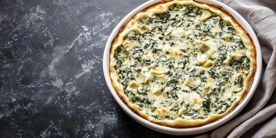 Spinach artichoke dip in a rectangular container, even texture, culinary photography photo