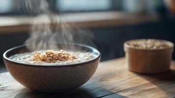 Steaming hot cereal in a bowl with a small container of toppings nearby, food photography photo