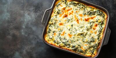 Spinach artichoke dip in square dish shown from above, no visible toppings, food photography photo