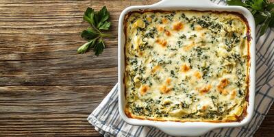 Spinach artichoke dip in square dish shown from above, no visible toppings, culinary photography photo
