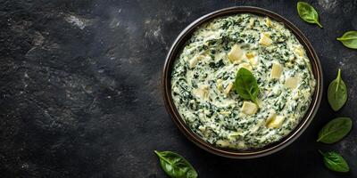 Spinach artichoke dip in shallow bowl with no additional elements or garnishes, food photography photo