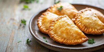 Three cheese empanadas arranged neatly on a small plate, culinary photography photo