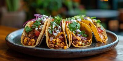 Three fusion tacos on a small plate with various ingredients and garnishes, culinary photography photo