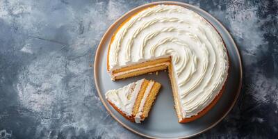 Cake with alternating layers of sponge and frosting, cut to show interior, photorealistic food photo