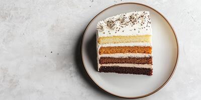 Multi-layer cake on a flat plate with minimal decoration, photorealistic food photo