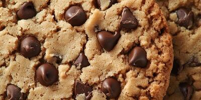Chocolate chip cookie close-up showing its texture and embedded chocolate chips, gastronomy photography photo