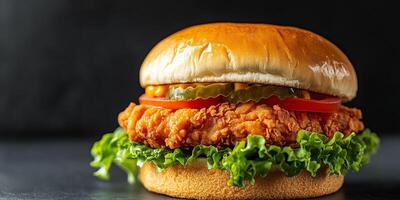 Close-up of chicken sandwich with visible filling, photorealistic food photo