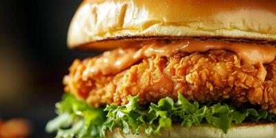 Close-up of chicken sandwich with visible filling, gastronomy photography photo