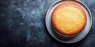 Gluten-free cake with smooth surface on a flat round plate, gastronomy photography photo