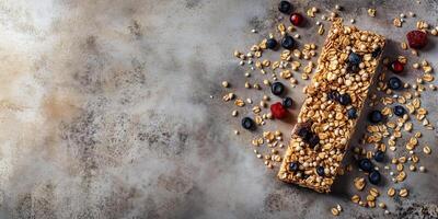 Granola bar on a flat surface with visible grains and seeds, photorealistic food photo