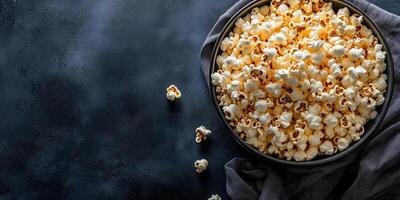Large bowl of kettle corn, with popped kernels overflowing, photorealistic food photo