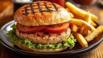 Grilled turkey burger with lettuce and tomato on a plate with fries, photorealistic food photo