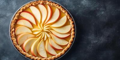 Pie featuring an open top, showing apple slices arranged in a circular pattern, photorealistic food photo