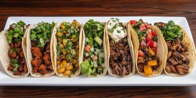 Plate of tacos with different fillings, arranged in a row, with garnishes on top, gastronomy photography photo