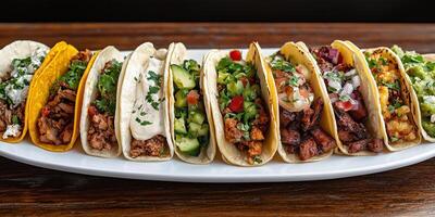 Plate of tacos with different fillings, arranged in a row, with garnishes on top, photorealistic food photo