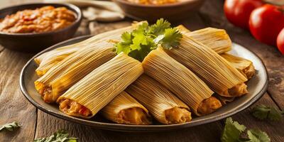 Plate of tamales with visible corn husks and a glimpse of the filling, arranged side by side, gastronomy photography photo