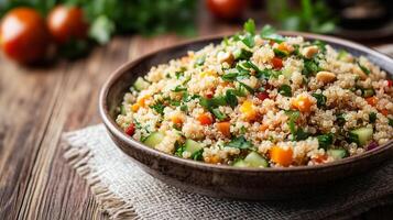 Quinoa salad in a bowl consisting of cooked quinoa, chopped vegetables, herbs, and nuts, photorealistic food photo