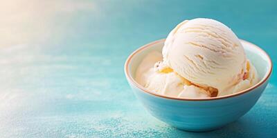 Vanilla ice cream in a bowl, slightly melting at the edges on a hot day, gastronomy photography photo