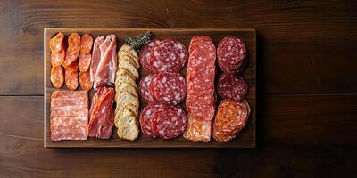 Selection of cured meats arranged neatly on a rectangular board, photorealistic food photo