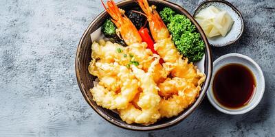 Tempura shrimp and vegetables displayed on a dish with a small sauce bowl, photorealistic food photo