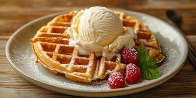 Scoop of ice cream placed on top of a waffle, displayed on a dessert plate, photorealistic food photo