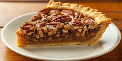 Slice of pie showcasing thick pecan filling within a perfectly baked crust, gastronomy photography photo