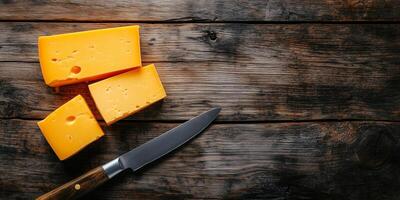 Sliced cheddar cheese block on a wooden surface with a knife nearby, photorealistic food photo