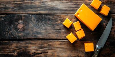 Sliced cheddar cheese block on a wooden surface with a knife nearby, gastronomy photography photo