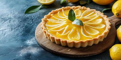 Tart filled with lemon curd, garnished with thin strips, set on a wooden board, gastronomy photography photo