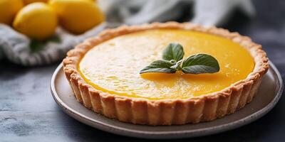 Tart with thin crust, filled with lemon curd, resting on a simple plate, photorealistic food photo