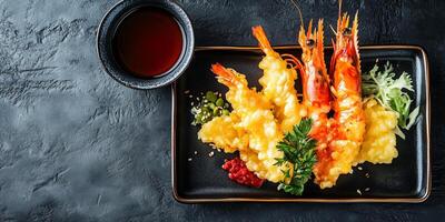 Tempura dish with shrimp and vegetables on a flat plate with a sauce bowl, gastronomy photography photo