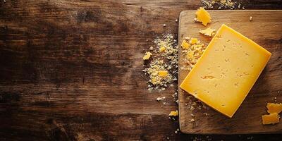 Top view of a cheddar cheese block on a wooden cutting board with crumbs, gastronomy photography photo