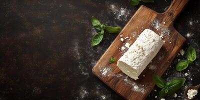 Top view of a goat cheese log on a wooden cutting board with crumbs around, photorealistic food photo
