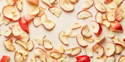 Top view of dried apple slices scattered on a flat surface, photorealistic food photo