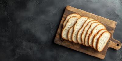 Top view of sourdough bread slices on a wooden cutting board, photorealistic food photo