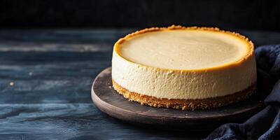 Whole cheesecake with a uniform surface on a round serving dish, gastronomy photography photo