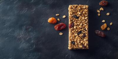 Energy bar with visible grains, seeds, and dried fruits on a flat surface, gastronomy photography photo