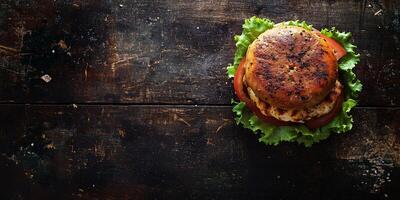 Assembled burger with a chicken patty, resting on a flat surface, photorealistic food photo