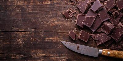 Broken chocolate bars scattered on a serving platter with nuts, photorealistic food photo
