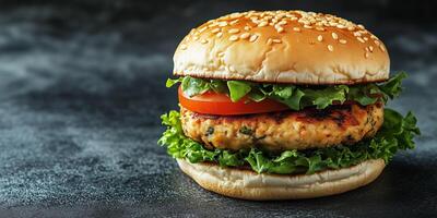 Close-up of a chicken burger with visible layers, resting on a simple background, gastronomy photography photo