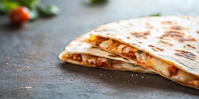 Close-up of a folded quesadilla with cheese, lying flat on a plain surface, photorealistic food photo