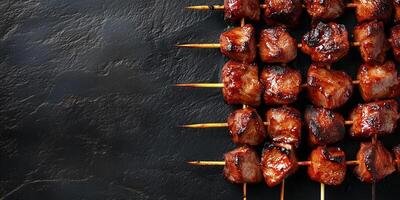 Close-up of skewer with grilled meat and vegetables arranged in sequence, gastronomy photography photo