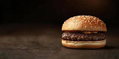 Close-up of a small burger with visible fillings, lying flat, gastronomy photography photo