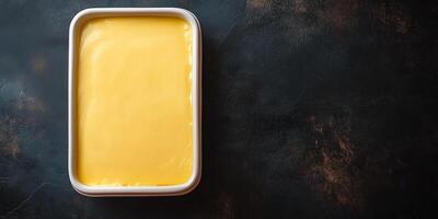 Custard served in a rectangular dish with an undisturbed top layer, photorealistic food photo