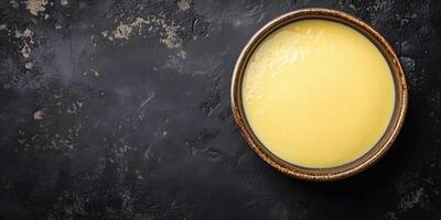 Custard set in a shallow bowl with even surface, no decorative elements, gastronomy photography photo