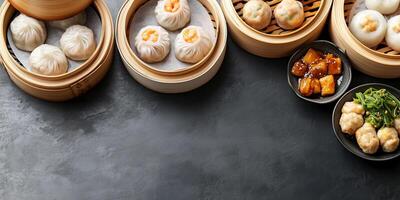 Dim sum served in bamboo steamers with assorted dumplings and buns, photorealistic food photo